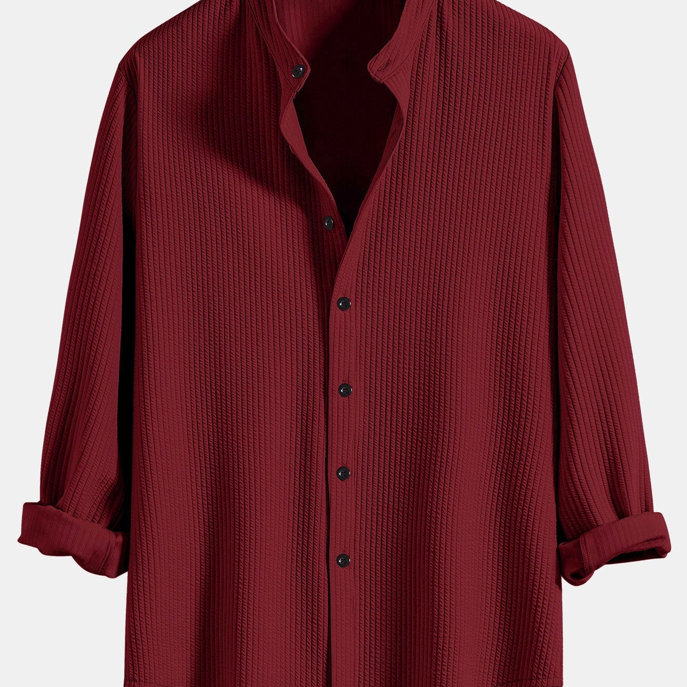 Ribbed Stand Collar Shirt with Long Sleeve and Muscle Fit