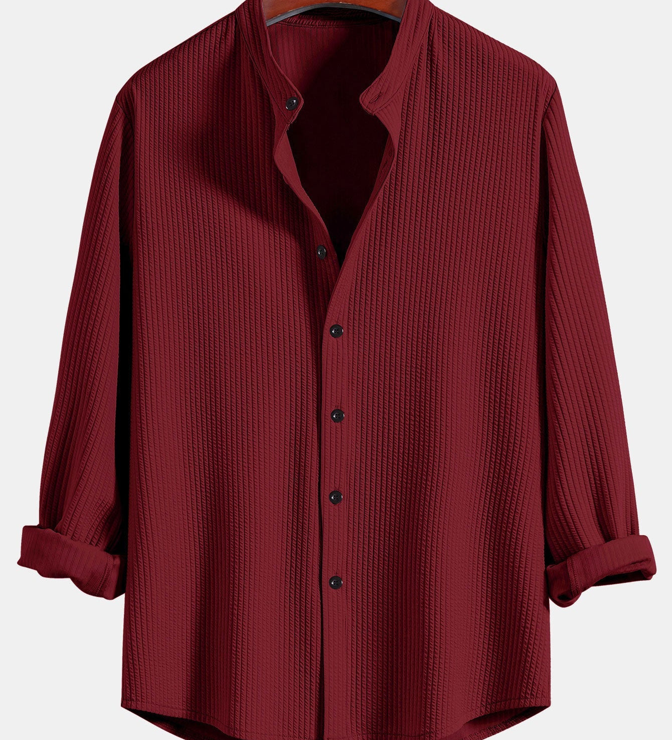 Ribbed Stand Collar Shirt with Long Sleeve and Muscle Fit