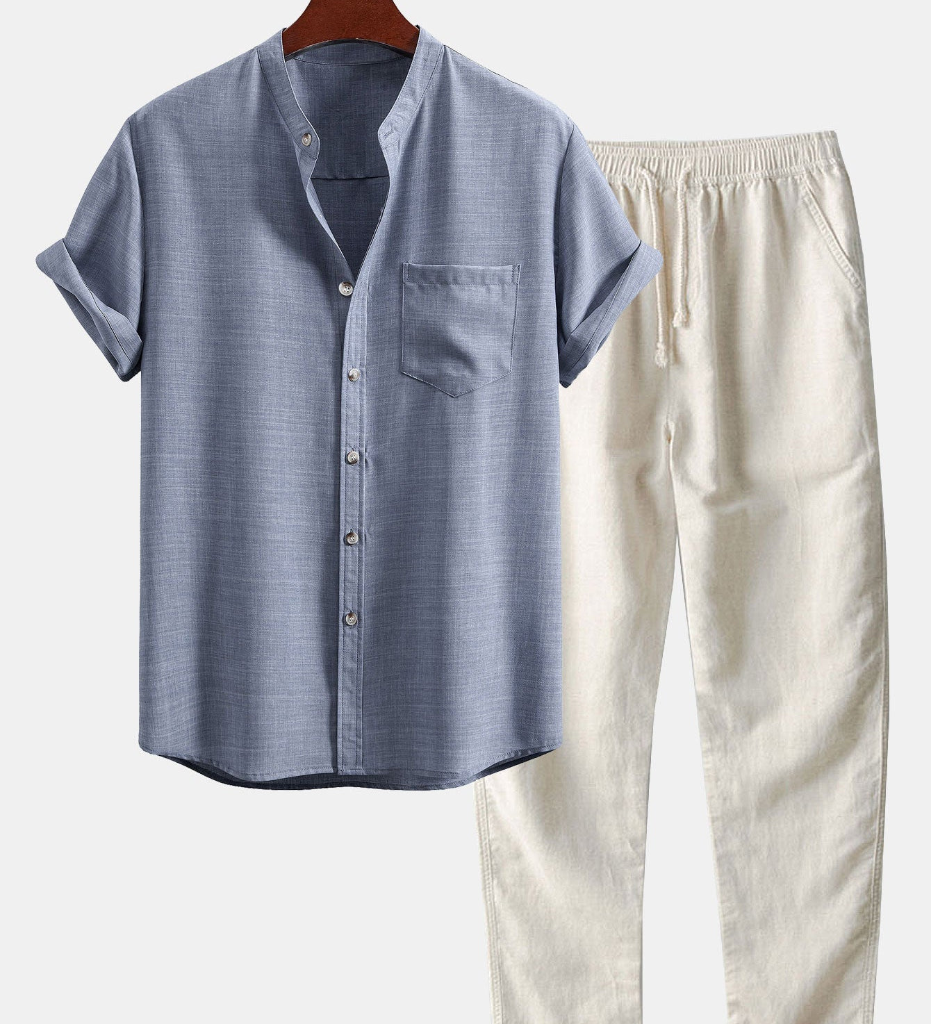 Short Sleeve Stand Collar Shirt with Straight Leg Linen Trousers
