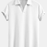 V-Neck Ribbed Polo with Short Sleeves & Straight Leg Ribbed Trousers