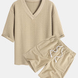 Relaxed Fit Geometric Jacquard V-Neck T-Shirt with Three-Quarter Sleeves and Shorts