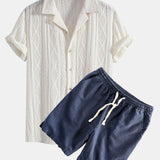 Geometric Jacquard Cuban Shirt with Linen-Cotton Blend Shorts