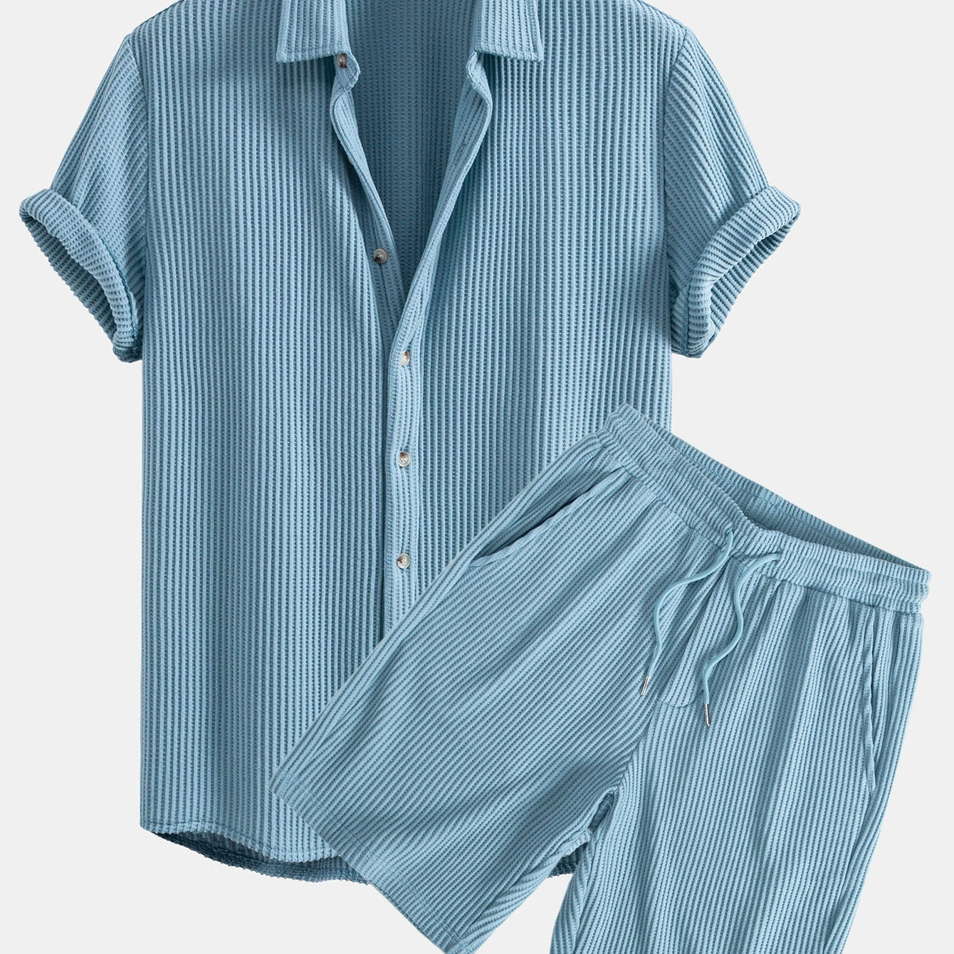 Waffle Texture Button-Up Shirt & Drawstring Waffle Shorts Set