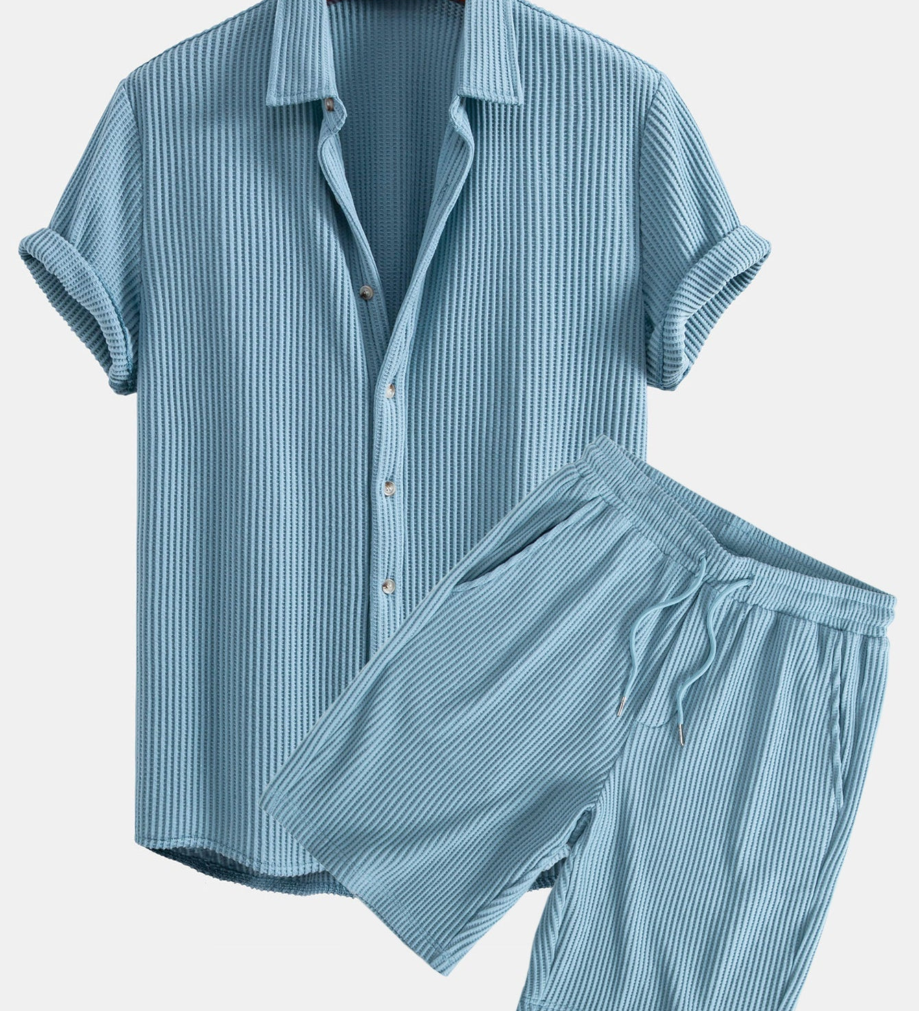 Waffle Texture Button-Up Shirt & Drawstring Waffle Shorts Set