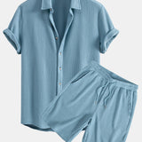 Waffle Texture Button-Up Shirt & Drawstring Waffle Shorts Set