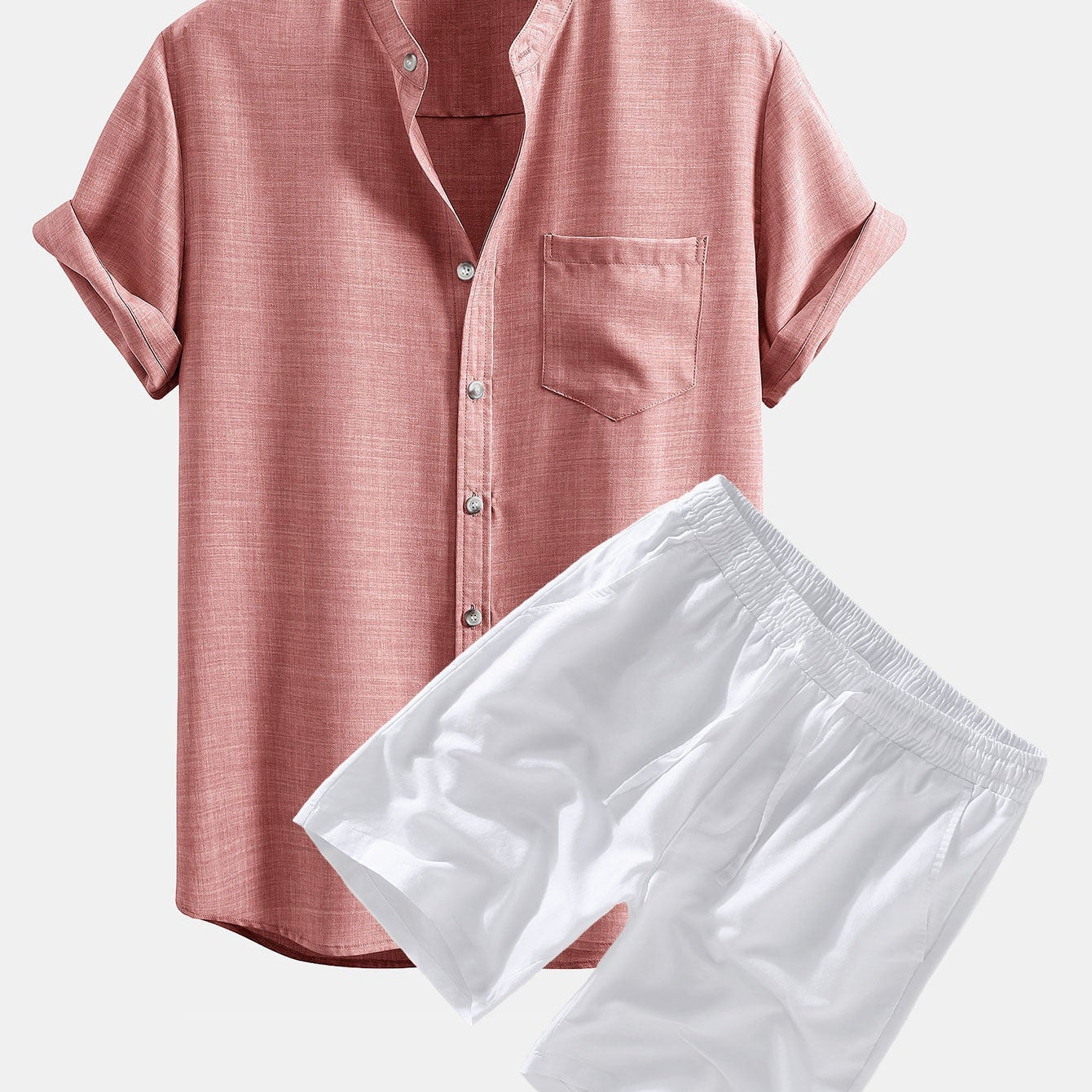 Short Sleeve Stand Collar Shirt with Linen Drawstring Shorts