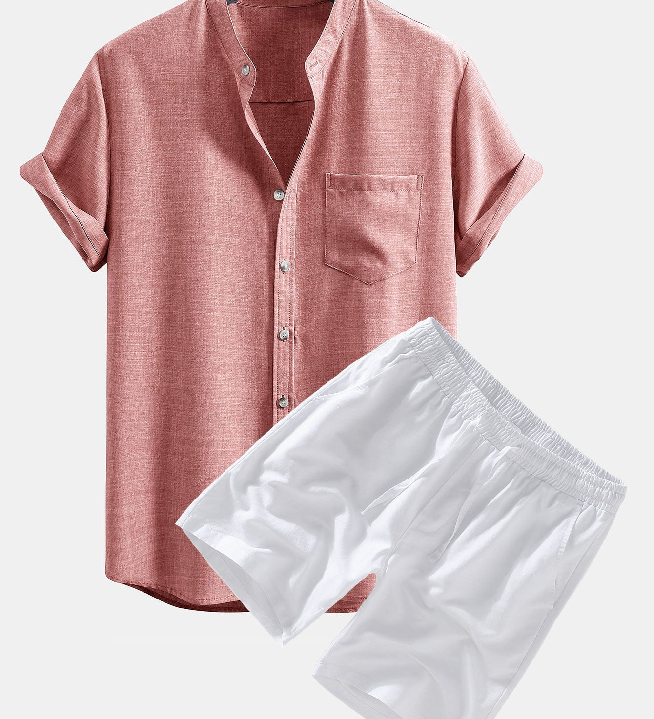 Short Sleeve Stand Collar Shirt with Linen Drawstring Shorts