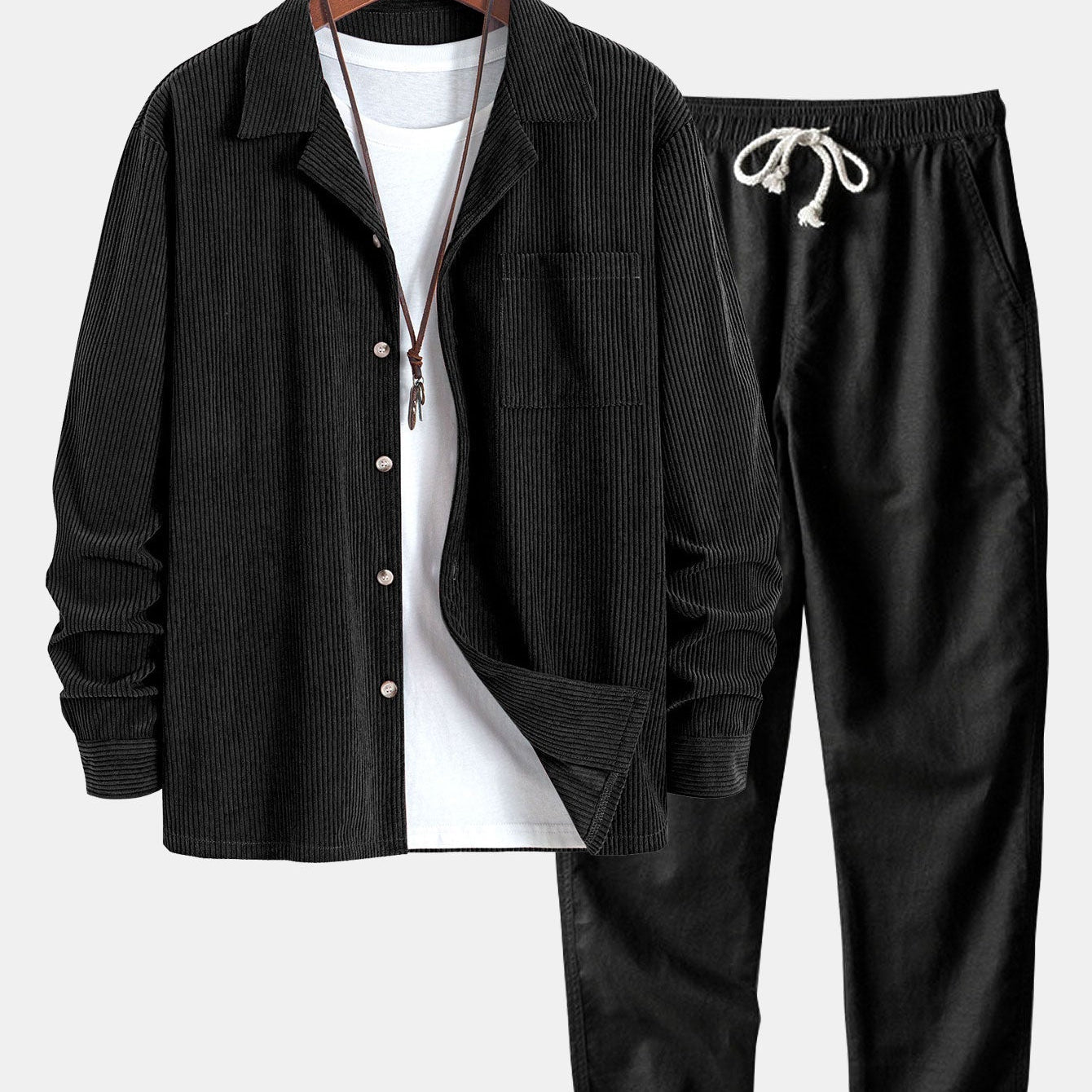 Corduroy Long Sleeve Cuban Collar Shirt with Straight Leg Linen Trousers