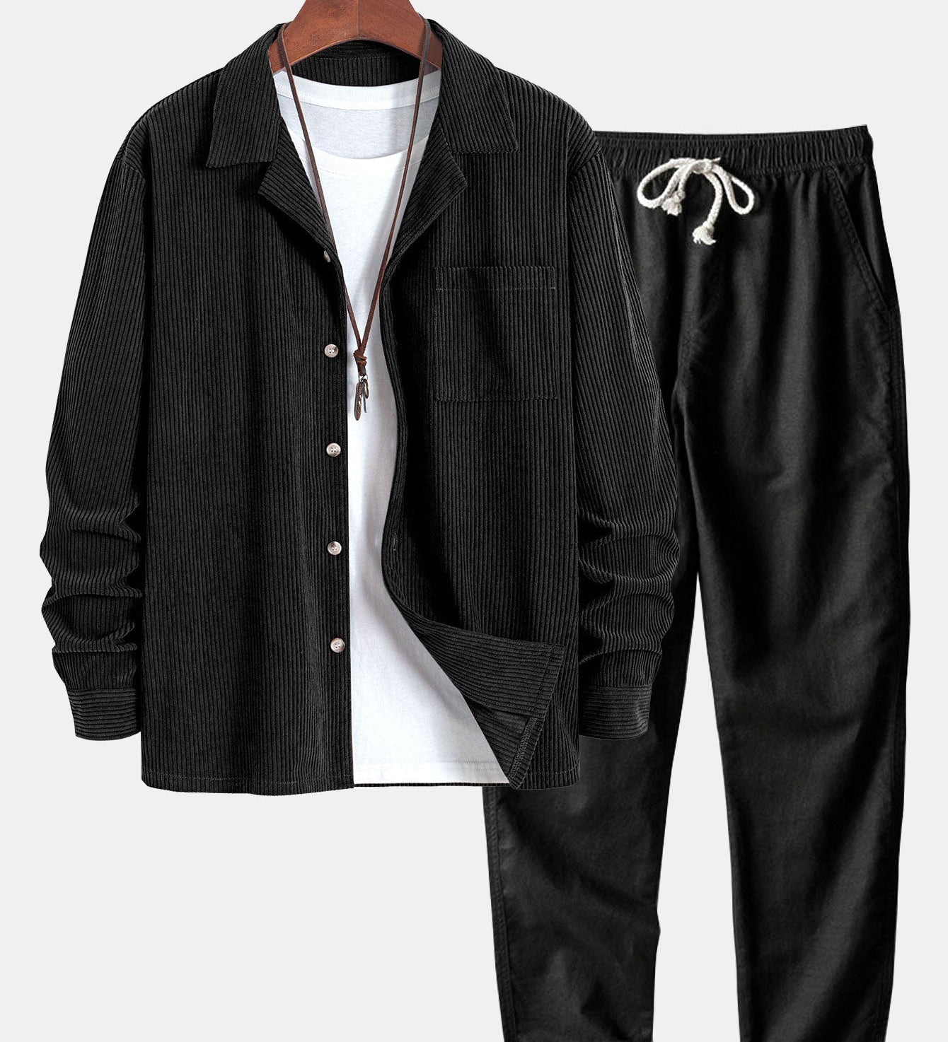 Corduroy Long Sleeve Cuban Collar Shirt with Straight Leg Linen Trousers