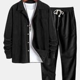 Corduroy Long Sleeve Cuban Collar Shirt with Straight Leg Linen Trousers