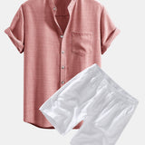 Short Sleeve Stand Collar Shirt with Linen Drawstring Shorts