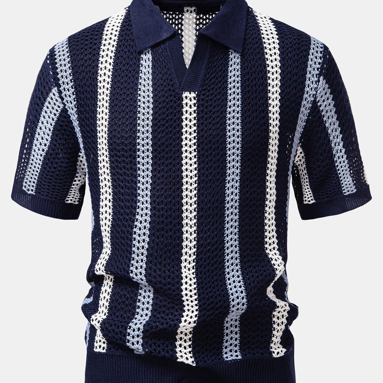 V-Neck Striped Crochet Polo