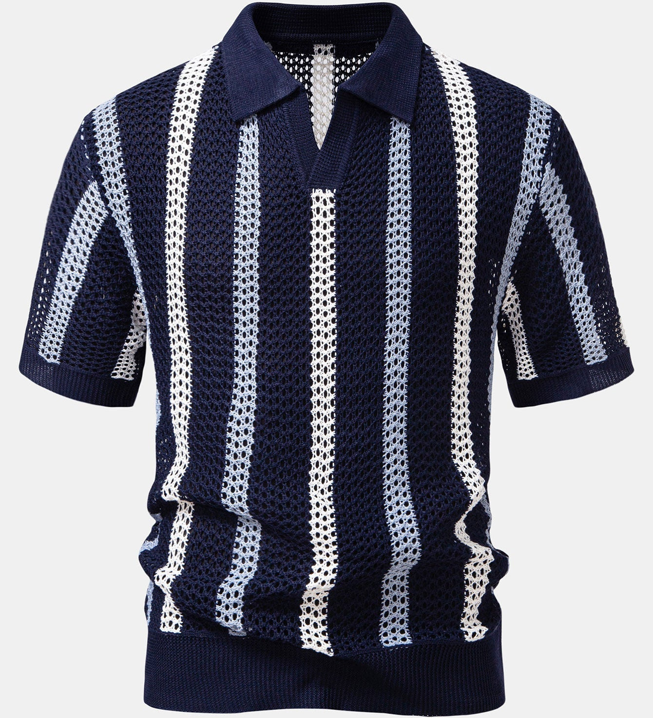 V-Neck Striped Crochet Polo
