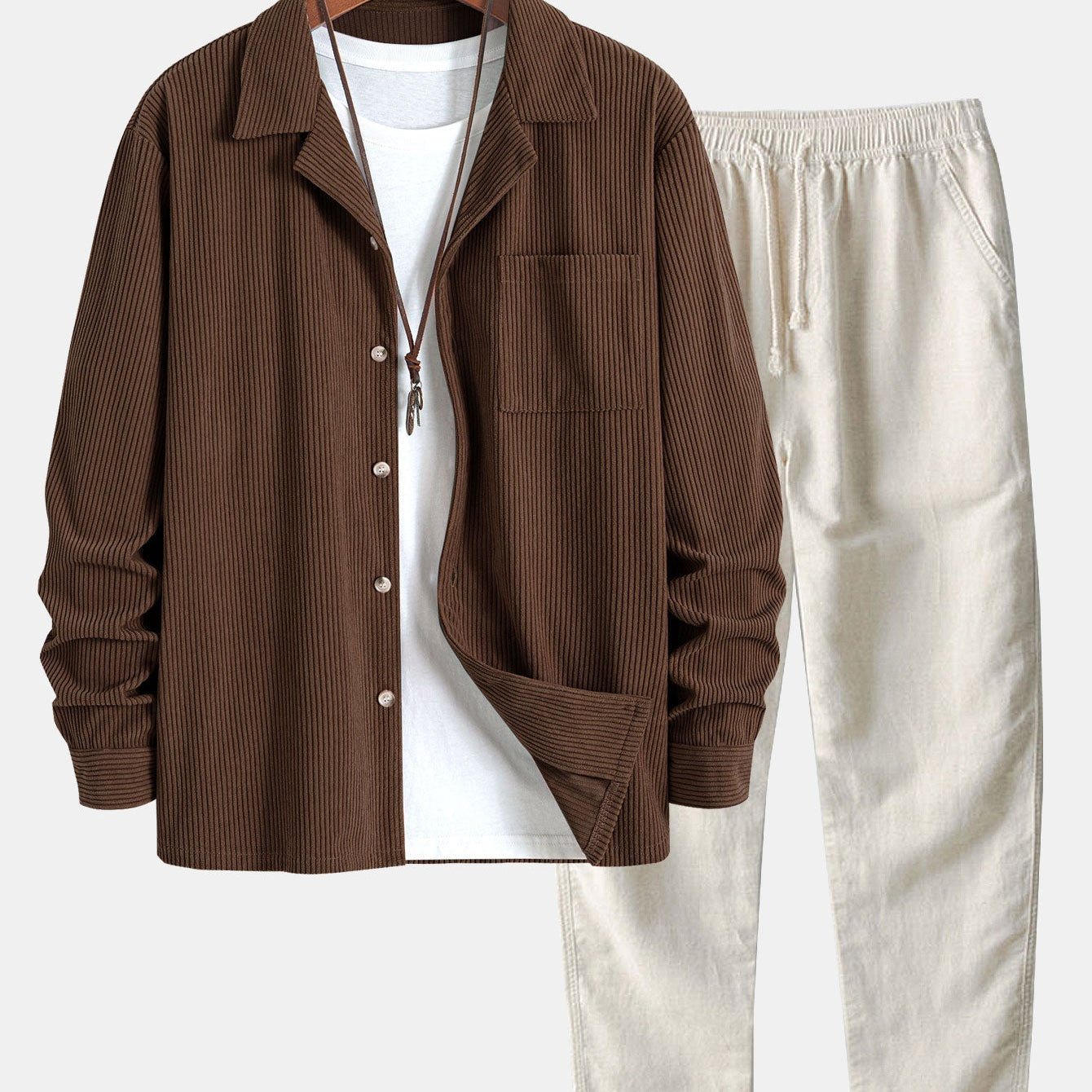 Corduroy Long Sleeve Cuban Collar Shirt with Straight Leg Linen Trousers