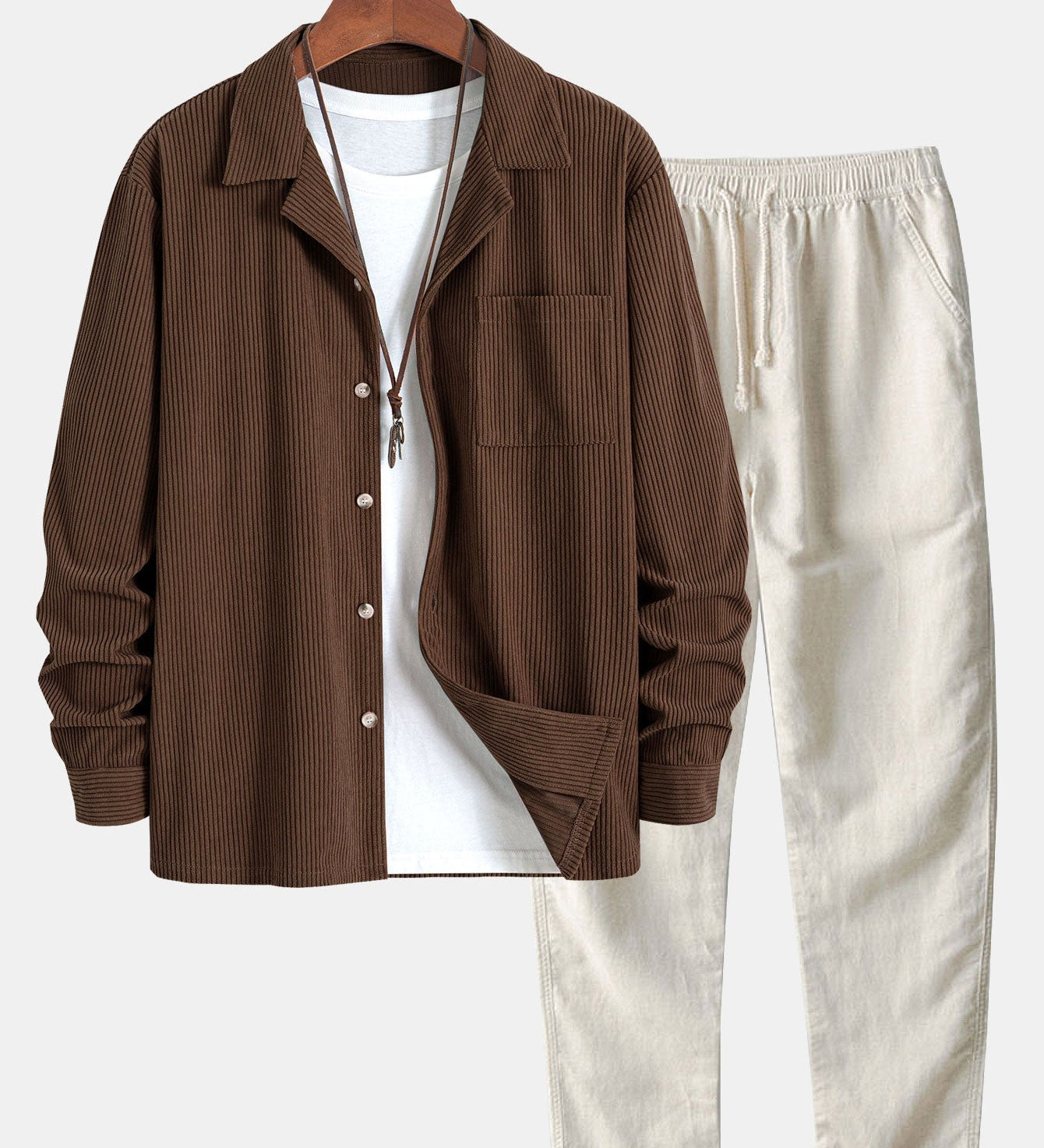 Corduroy Long Sleeve Cuban Collar Shirt with Straight Leg Linen Trousers