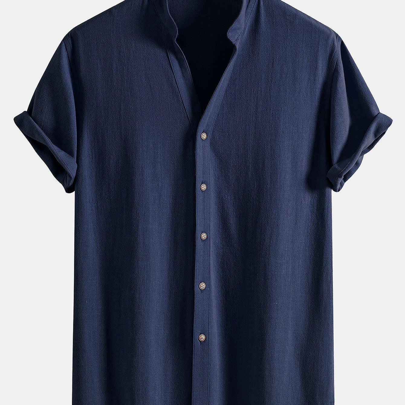 Short Sleeve Stand Collar Shirt in Linen-Rayon Blend