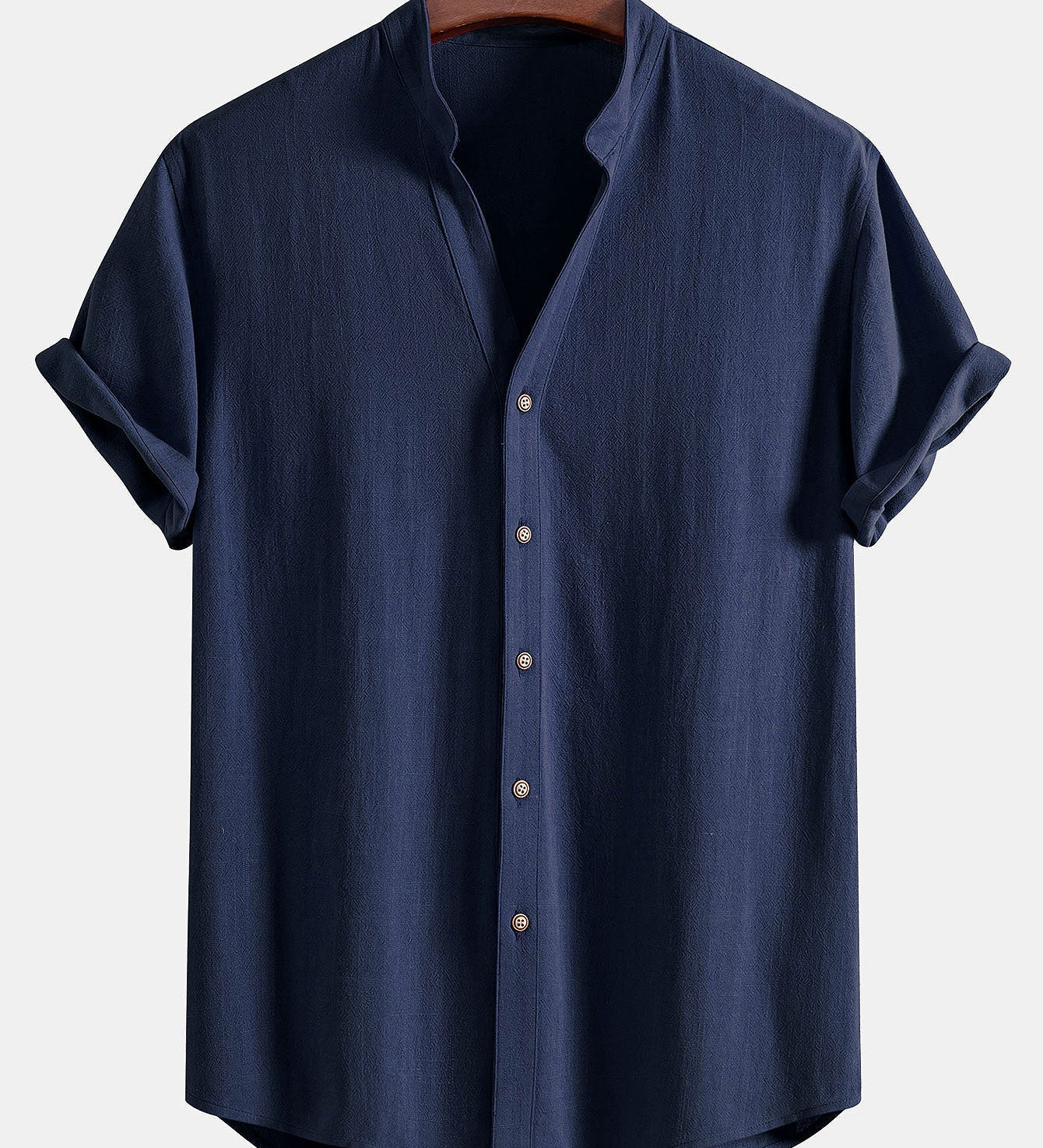 Short Sleeve Stand Collar Shirt in Linen-Rayon Blend