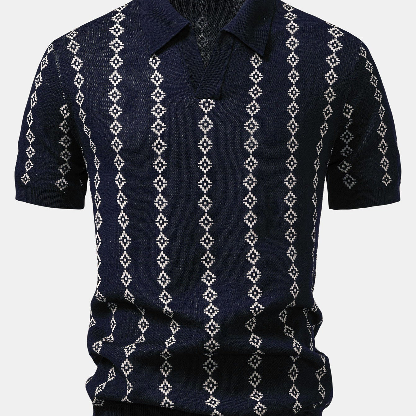 Geometric Pattern V-Neck Knit Polo