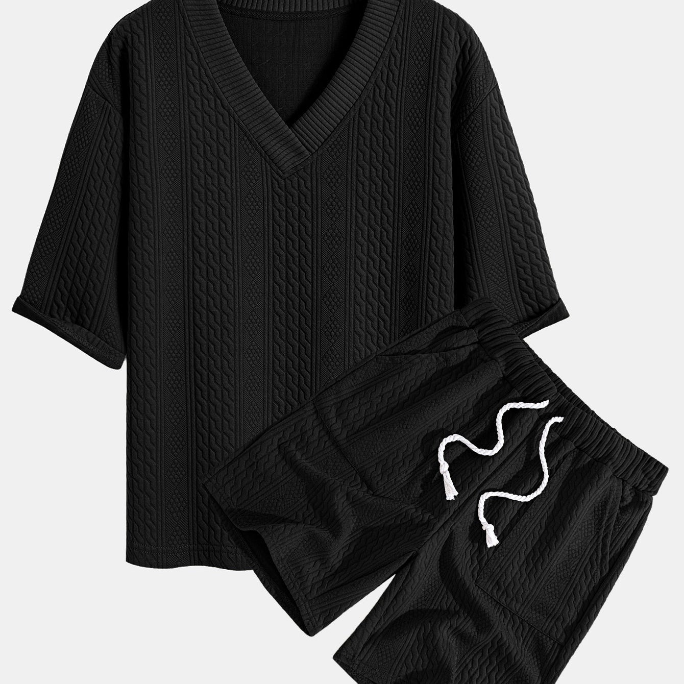 Relaxed Fit Geometric Jacquard V-Neck T-Shirt with Three-Quarter Sleeves and Shorts