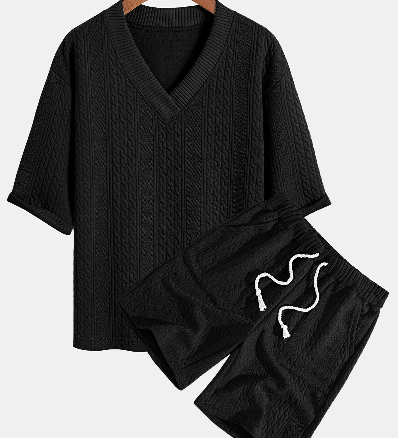 Relaxed Fit Geometric Jacquard V-Neck T-Shirt with Three-Quarter Sleeves and Shorts