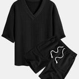 Relaxed Fit Geometric Jacquard V-Neck T-Shirt with Three-Quarter Sleeves and Shorts