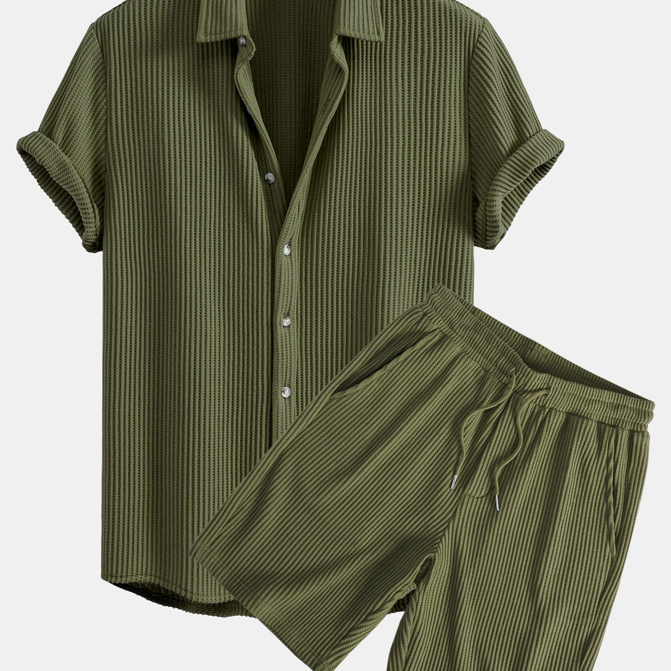 Waffle Texture Button-Up Shirt & Drawstring Waffle Shorts Set