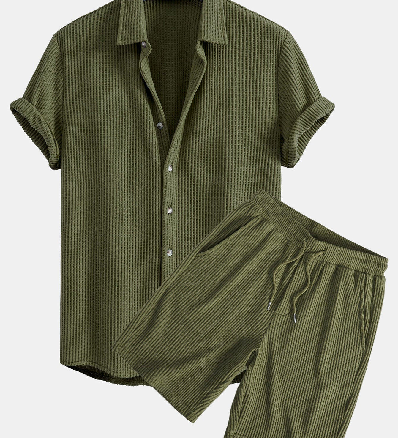 Waffle Texture Button-Up Shirt & Drawstring Waffle Shorts Set