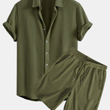Waffle Texture Button-Up Shirt & Drawstring Waffle Shorts Set