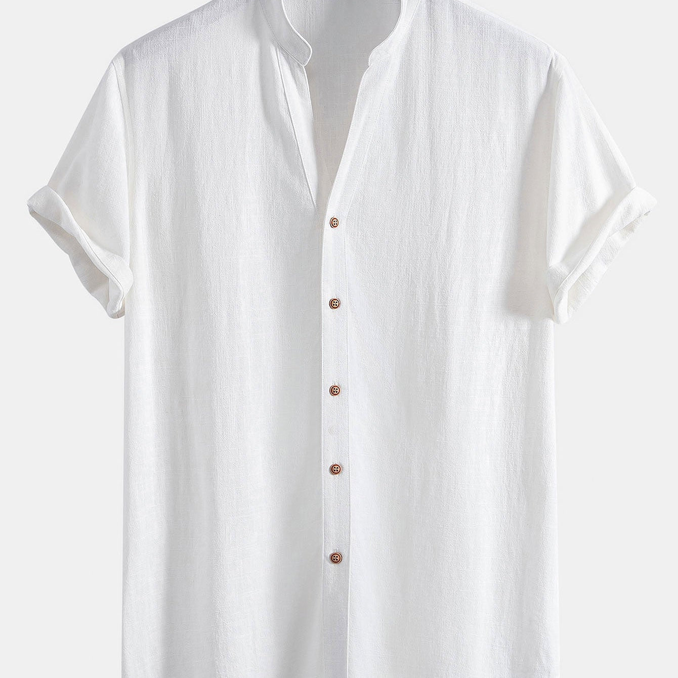 Short Sleeve Stand Collar Shirt in Linen-Rayon Blend