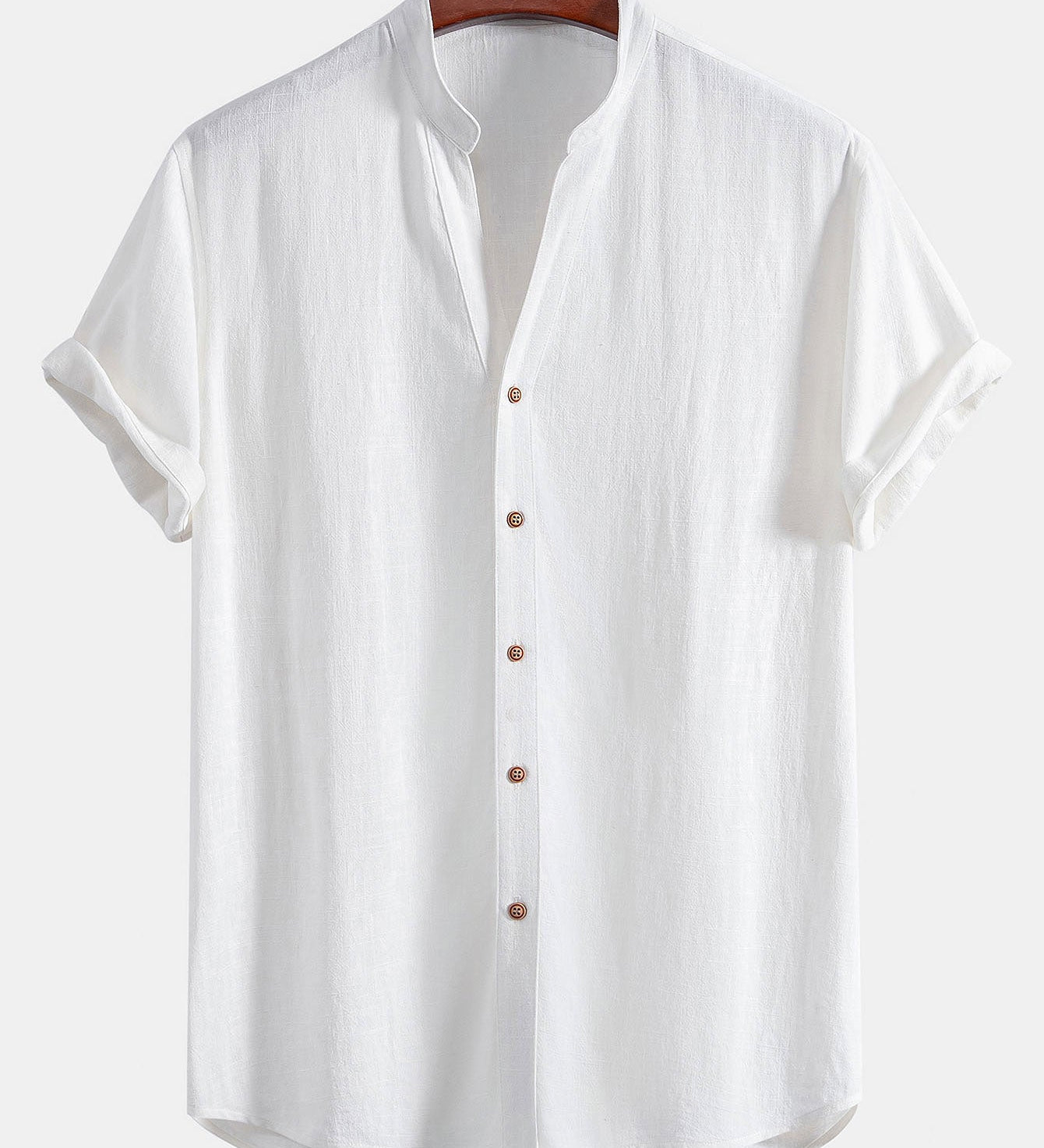 Short Sleeve Stand Collar Shirt in Linen-Rayon Blend