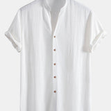 Short Sleeve Stand Collar Shirt in Linen-Rayon Blend