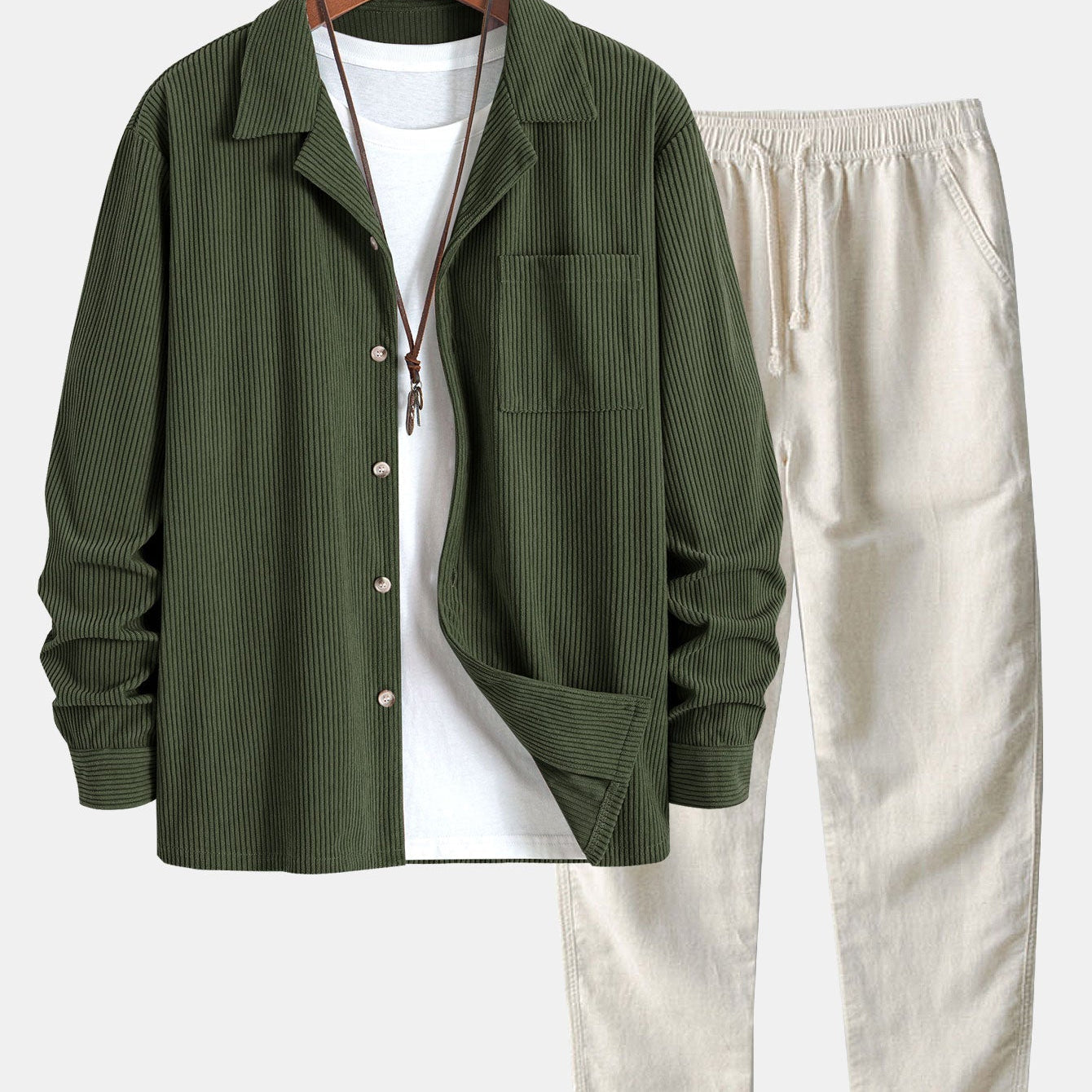 Corduroy Long Sleeve Cuban Collar Shirt with Straight Leg Linen Trousers