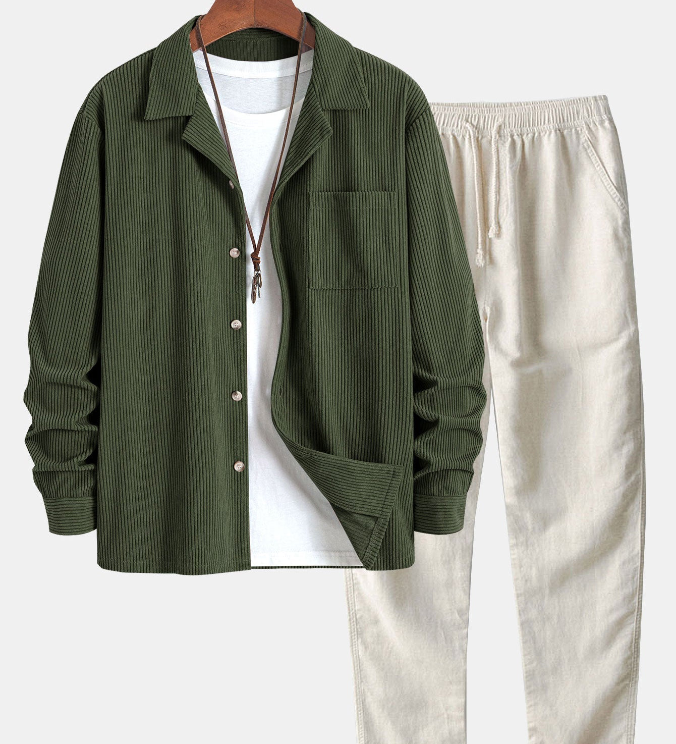 Corduroy Long Sleeve Cuban Collar Shirt with Straight Leg Linen Trousers