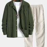 Corduroy Long Sleeve Cuban Collar Shirt with Straight Leg Linen Trousers