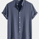 Linen-Rayon Blend Stand Collar Shirt with Linen-Cotton Blend Drawstring Shorts