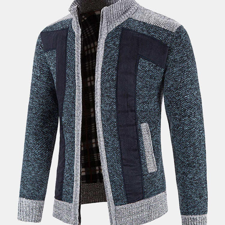Faux Suede Patchwork Zip-Up Sweater
