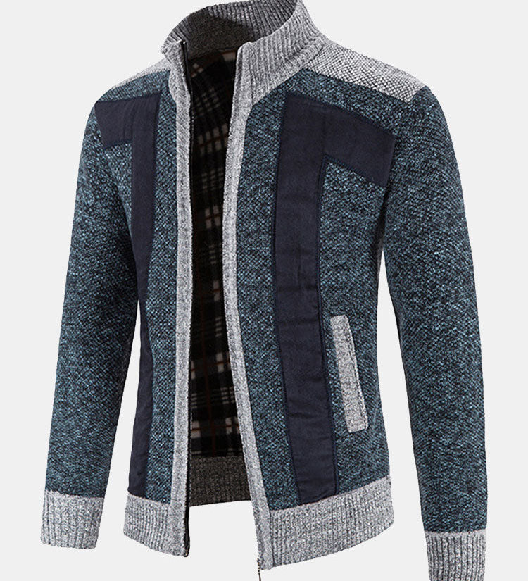 Faux Suede Patchwork Zip-Up Sweater