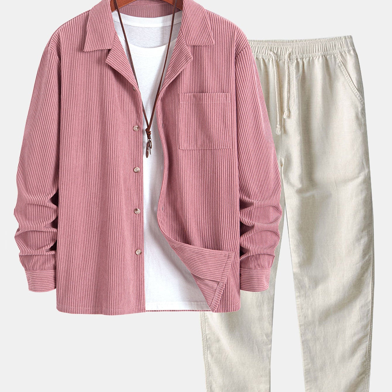 Corduroy Long Sleeve Cuban Collar Shirt with Straight Leg Linen Trousers