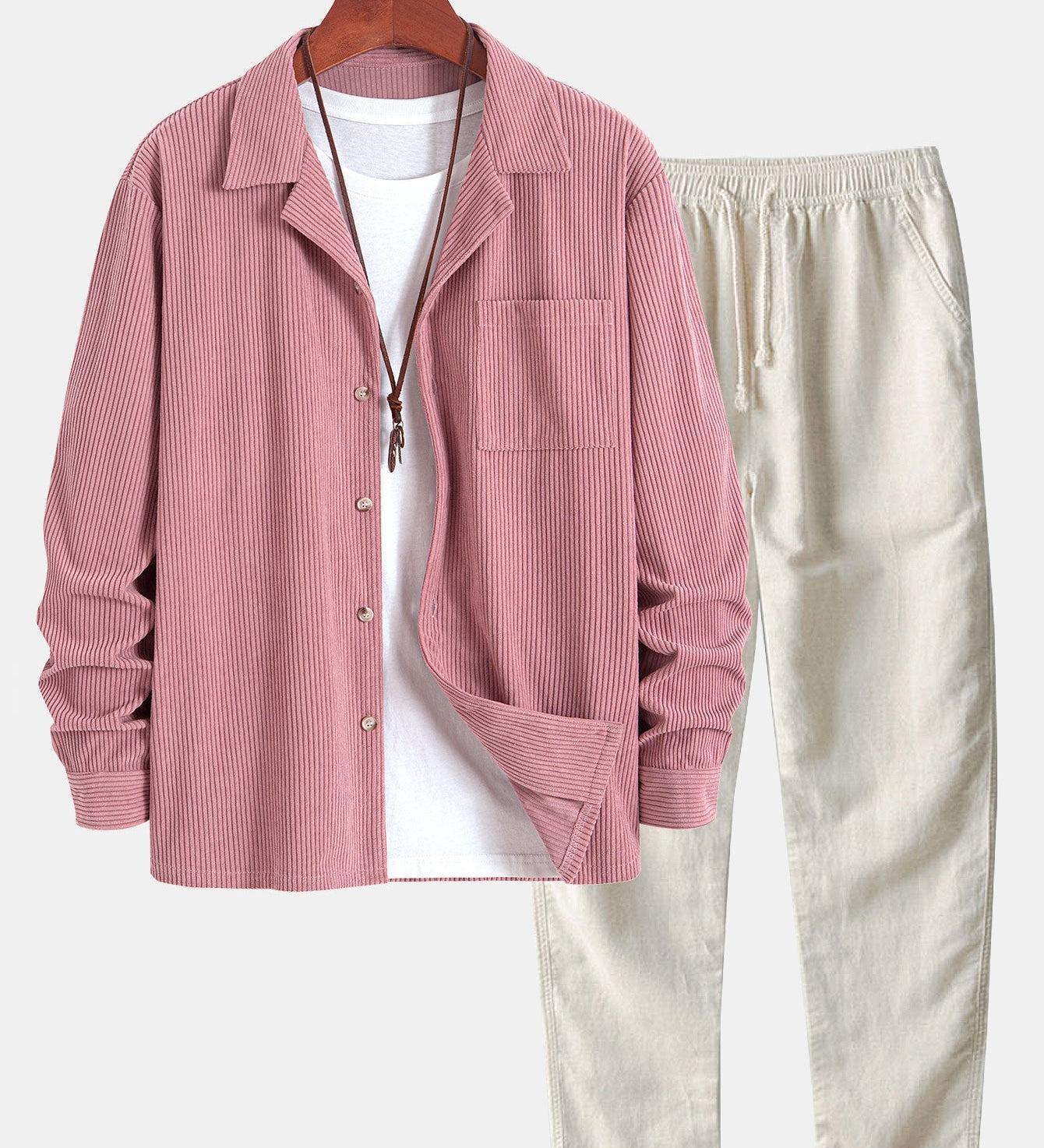 Corduroy Long Sleeve Cuban Collar Shirt with Straight Leg Linen Trousers
