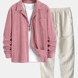 Corduroy Long Sleeve Cuban Collar Shirt with Straight Leg Linen Trousers