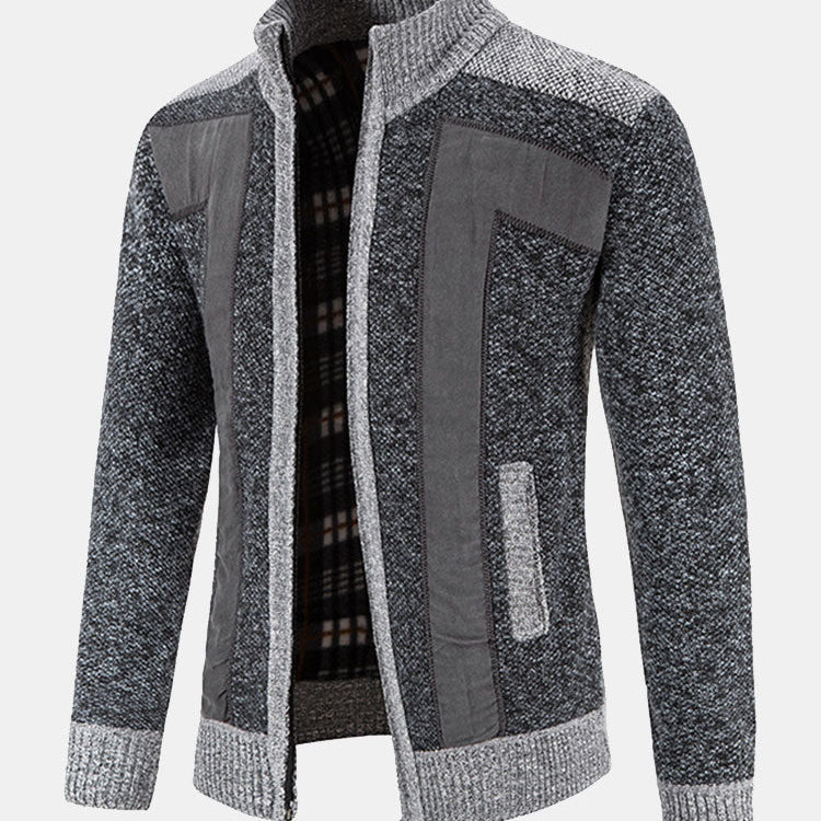 Faux Suede Patchwork Zip-Up Sweater