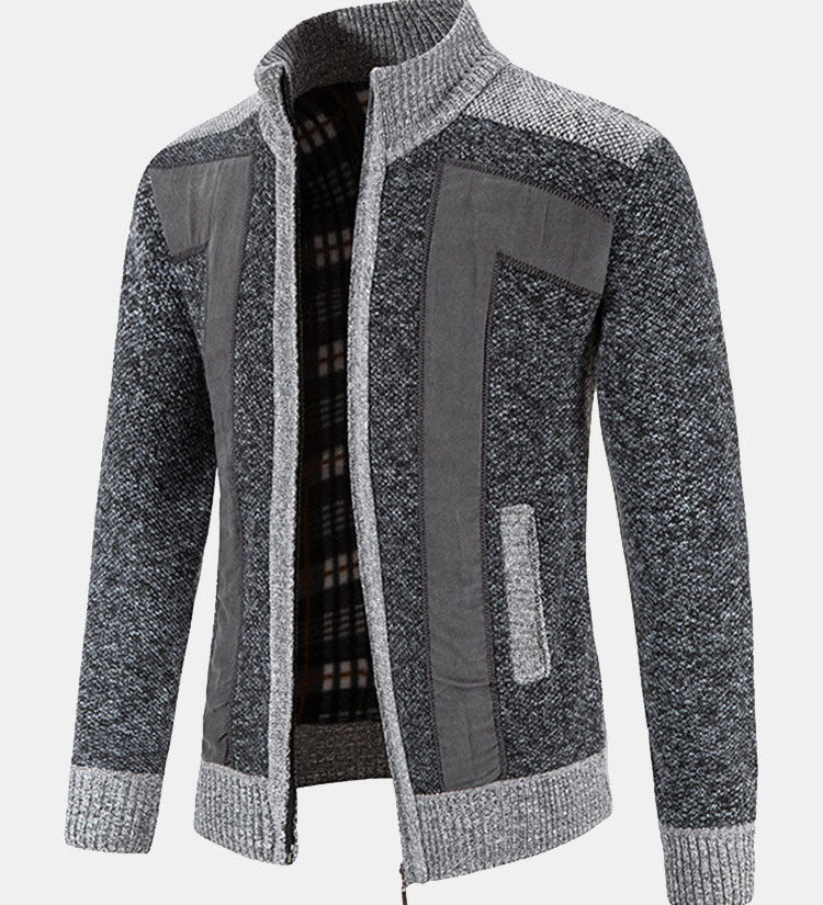 Faux Suede Patchwork Zip-Up Sweater