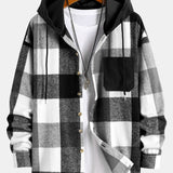 Cozy Flannel Plaid Hooded Shirt with Corduroy Patchwork & Matching Cargo Jogger Pants