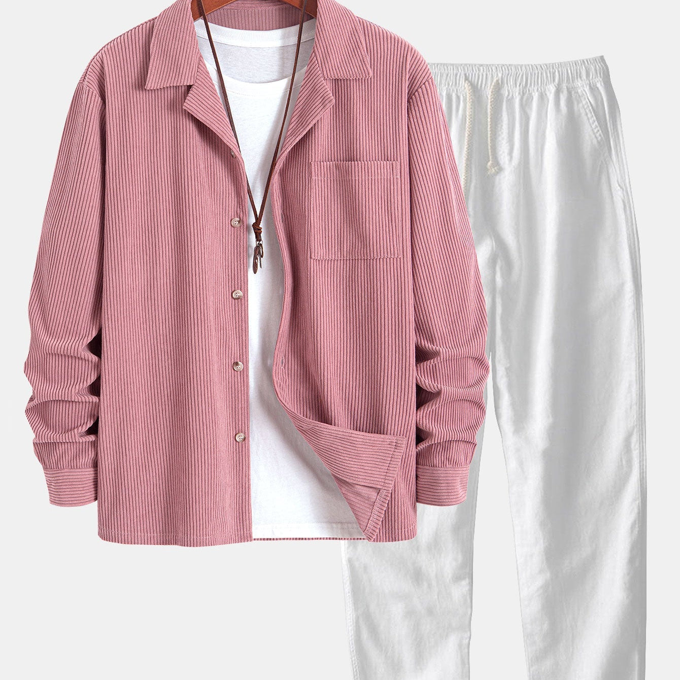 Corduroy Long Sleeve Cuban Collar Shirt with Straight Leg Linen Trousers