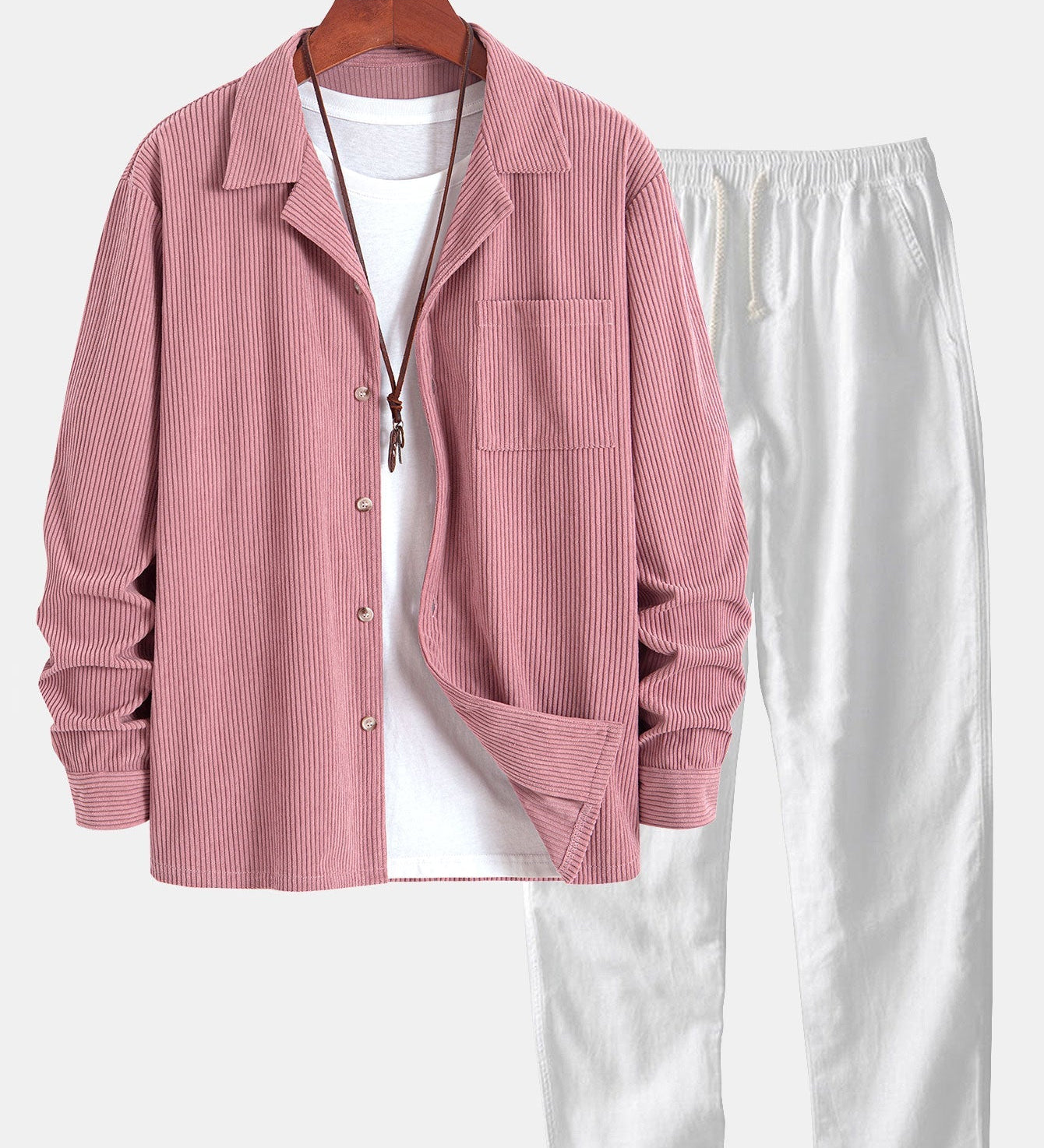 Corduroy Long Sleeve Cuban Collar Shirt with Straight Leg Linen Trousers