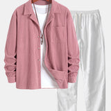 Corduroy Long Sleeve Cuban Collar Shirt with Straight Leg Linen Trousers