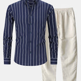 Striped Cotton Button-Up Shirt with Long Sleeves & Straight-Leg Linen Trousers