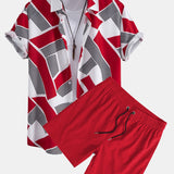 Geometric Color Block Button-Up Shirt with Matching Swim Shorts
