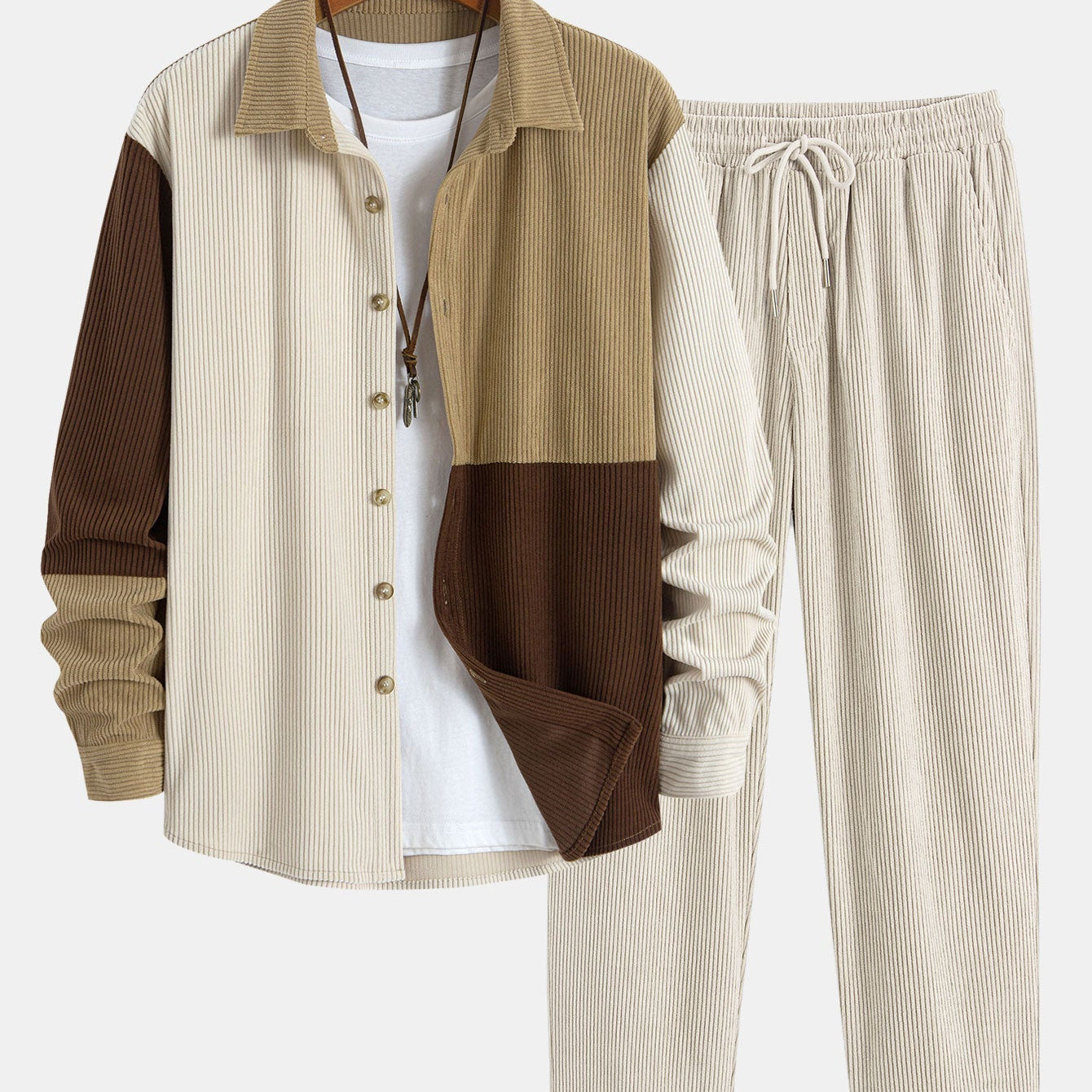 Colorblock Corduroy Button-Up Shirt with Straight-Leg Corduroy Trousers
