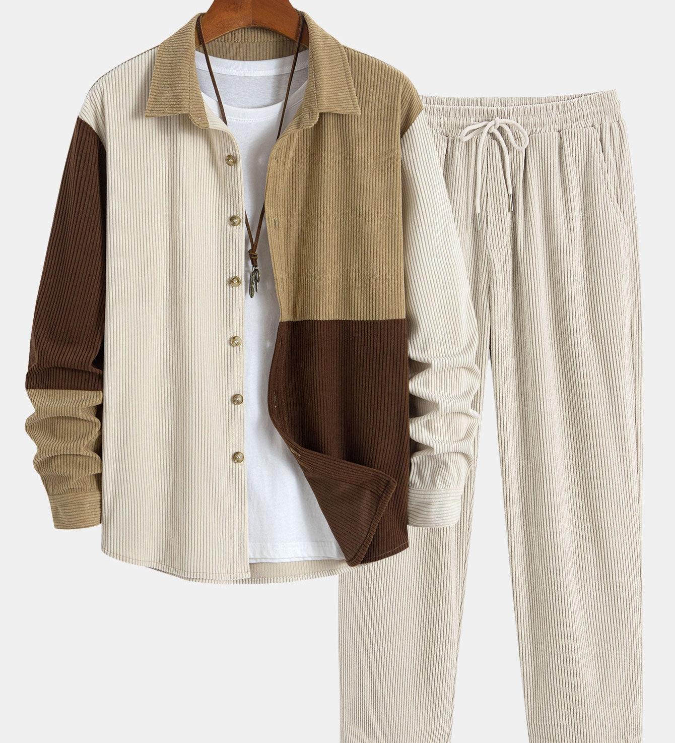 Colorblock Corduroy Button-Up Shirt with Straight-Leg Corduroy Trousers